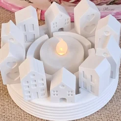 Lichterkranz Teelichthalter Häuserkranz | weiße Raysin Deko Lichthäuser | Kerzenteller | Lichterstadt Geschenkidee mini