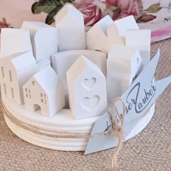 Lichterkranz Teelichthalter Häuserkranz | weiße Raysin Deko Lichthäuser | Kerzenteller | Lichterstadt Geschenkidee mini