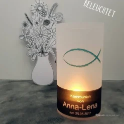 Lichthülle Kommunion Konfirmation Firmung oder Taufe - Fisch-Kreidezeichnung -