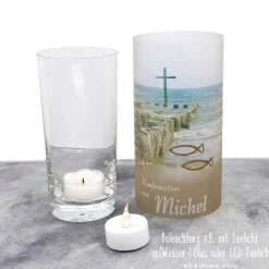Lichthülle Konfirmation, Kommunion oder Firmung - Kreuz im Meer - mit individuellem Spruch