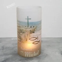 Lichthülle Konfirmation, Kommunion oder Firmung - Kreuz im Meer - mit individuellem Spruch
