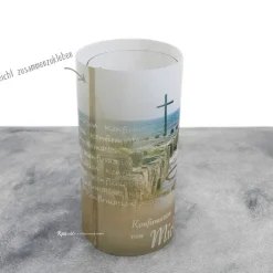 Lichthülle Konfirmation, Kommunion oder Firmung - Kreuz im Meer - mit individuellem Spruch