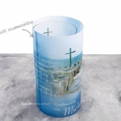 Lichthülle Konfirmation, Kommunion oder Firmung - Kreuz im Meer - mit individuellem Spruch