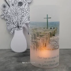 Lichthülle Konfirmation, Kommunion oder Firmung - Kreuz im Meer - mit individuellem Spruch