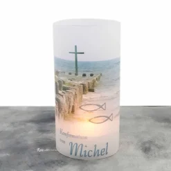 Lichthülle Konfirmation, Kommunion oder Firmung - Kreuz im Meer - mit individuellem Spruch