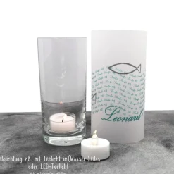 Lichthülle Taufe mit silberfarbenen Fischen – Taufdeko aus Transparentpapier