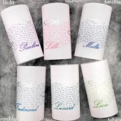 Lichthülle Taufe mit silberfarbenen Fischen – Taufdeko aus Transparentpapier