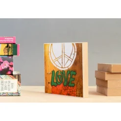 Love Peace Hippie handmade Foto auf Holz 13x13 Graffiti Holzbild Wandbild Holzdeko Dekoration Geschenk für ihn Geschenkidee