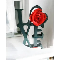 LOVE Skulptur mit roter Rose: Deko-Buchstaben und Herz– Valentinstagsgeschenk