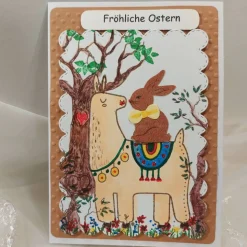 Lustige Osterkarte Hase trifft Lama fröhlich bunt zum Osterfest