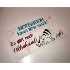 Lustiges Geschenk Schokihülle Schokoladenhülle/ Schokitasche/ Schokiverpackung Handarbeit Motivation gestickt