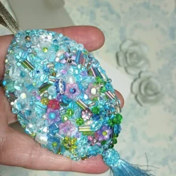 Luxus Osterei pastell handbestickt Unikat Perlenstickerei Tischdeko Taufe Deko Prunkei