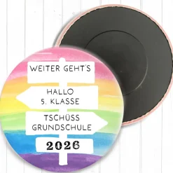Magnet „Tschüss Grundschule 2026“ | Regenbogen Design | 38mm & 59mm | Geschenk Schulwechsel