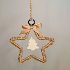 Makramee Stern aus Baumwolle | Handgemachter Weihnachtsbaumanhänger mit Holz & Glöckchen | Boho Weihnachtsdeko handmade