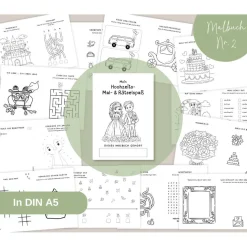 Malbuch Nr. 2 | 5er Set mit Buntstiften | Malbuch Hochzeit für Kinder | Mal - & Aktivitätenbuch | Rätselspaß für Kin