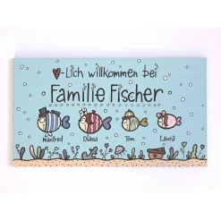 Maritimes Willkommensschild mit Fischen – Personalisiertes Türschild aus Holz für Familien, dekorativ & wetterfest, blaues Haustürschild mit Name und individueller Bemalung