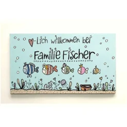 Maritimes Willkommensschild mit Fischen – Personalisiertes Türschild aus Holz für Familien, dekorativ & wetterfest, blaues Haustürschild mit Name und individueller Bemalung