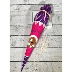 Mädchen Schultüte 70 cm mit flauschigem Hund Fridolin aus Stoff und Wimpelkette