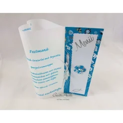 Menükarte Tischlicht HERZ türkis zur Kommunion, Konfirmation, Taufe passend zur Einladung Welle türkis