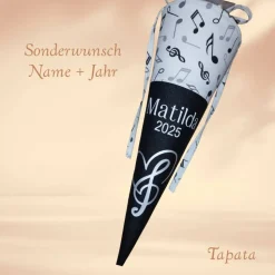 Mini Musikalische Schultüte, Abschlusstüte - Schwarz Violinschlüssel personalisierbar