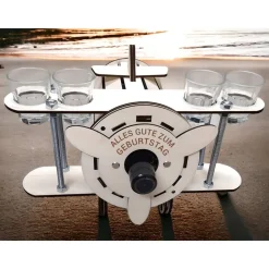Minibar Flugzeug aus Holz & Metall – Personalisiertes Geschenk für 0,7l Flaschen mit Schnapsgläsern