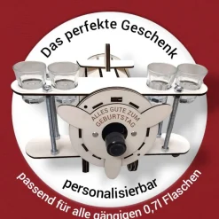 Minibar Flugzeug mit Schnapsgläsern – Personalisierbares Geschenk aus Holz & Metall für 0,7l Flaschen