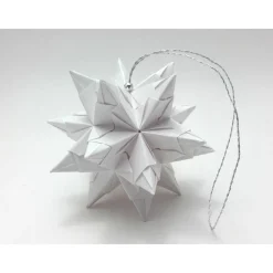 Mini-Bascetta-Stern, ca. 6 cm, Weiß/Silber mit Aufhängeband, Weihnachtsstern, Origami Faltstern