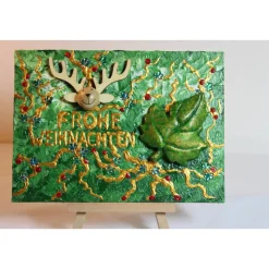 Minibild FROHE WEIHNACHTEN Minibild, kleine Weihnachtsdeko mit Rentierkopf aus Holz Blatt aus Styropor