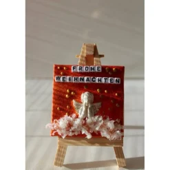 Minibild FROHE WEIHNACHTEN, kleine Collage Weihnachtsdeko mit Engel aus Polyresin, nette Tischdeko oder Gastgeschenk