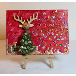 Minibild FROHE WEIHNACHTEN, kleine Collage Weihnachtsdeko mit Rentierkopf aus Holz, nette Tischdeko oder Gastgeschenk