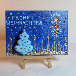 Minibild FROHE WEIHNACHTEN, kleine Collage Weihnachtsdeko mit Bäumchen aus Styropor, nette Tischdeko oder Gastgeschenk