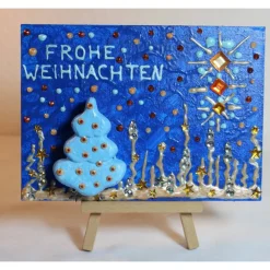 Minibild FROHE WEIHNACHTEN, kleine Collage Weihnachtsdeko mit Bäumchen aus Styropor, nette Tischdeko oder Gastgeschenk