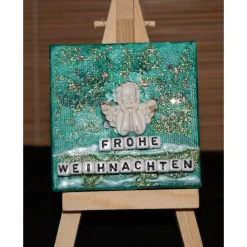 Minibild FROHE WEIHNACHTEN, kleine Collage Weihnachtsdeko mit Engel aus Polyresin, nette Tischdeko oder Gastgeschenk