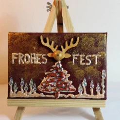 Minibild FROHES FEST, kleine Collage Weihnachtsdeko mit Rentierkopf aus Holz, nette Tischdeko oder Gastgeschenk