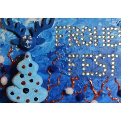 Minibild FROHES FEST Minibild, kleine Collage Weihnachtsdeko mit Rentierkopf aus Holz, nette Tischdeko oder Gastgeschenk