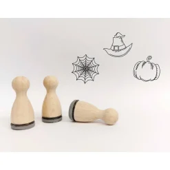 Ministempelset Halloween | 3 Stempel mit 12mm Durchmesser | Holzstempel Halloween / Allerheiligen | Spinnennetz Hexenhut