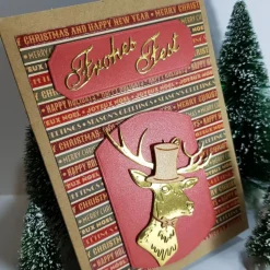 Modern frech flotter Hirsch Weihnachts Karte gold mit Zylinder modern handgefertigt
