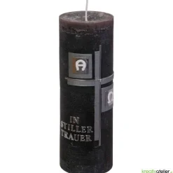 moderne, dunkle  Trauerkerze Alpha Omega mit Kreuz in silber und Echtwachsbeschriftung, Gedenkkerze, personalisierbar