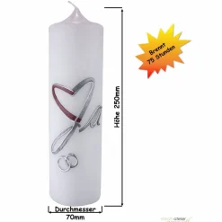 Moderne Hochzeitskerze mit 2-farbigem Herz und silbernem „Ja“, personalisierbar mit Namen und Datum