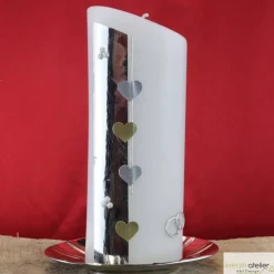 Moderne Hochzeitskerze oval abgeschrägt mit silbernen und goldenen Herzen, personalisierbar, edle Hochzeitsdeko