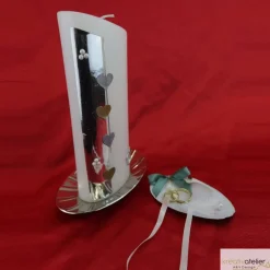 Moderne Hochzeitskerze oval abgeschrägt mit silbernen und goldenen Herzen, personalisierbar, edle Hochzeitsdeko