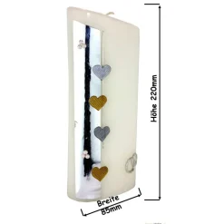 Moderne Hochzeitskerze oval abgeschrägt mit silbernen und goldenen Herzen, personalisierbar, edle Hochzeitsdeko