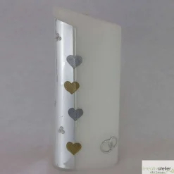 Moderne Hochzeitskerze oval abgeschrägt mit silbernen und goldenen Herzen, personalisierbar, edle Hochzeitsdeko