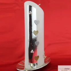 Moderne Hochzeitskerze oval abgeschrägt mit silbernen und goldenen Herzen, personalisierbar, edle Hochzeitsdeko