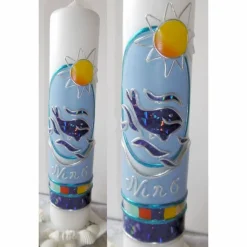 Moderne Kommunionskerze" Nino " mit christlichem Fischsymbol * Blau * Buben * Taufe * Kommunion * Taufgeschenk *