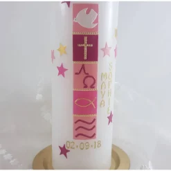 moderne Taufkerze für Mädchen inkl. Kerzenteller goldfarben , mit Sternen