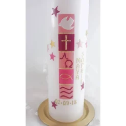 moderne Taufkerze für Mädchen inkl. Kerzenteller goldfarben , mit Sternen