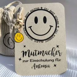 Mutmacher Karte für alle Anlässe – personalisiertes Geldgeschenk mit Smile Anhänger Schulwechsel