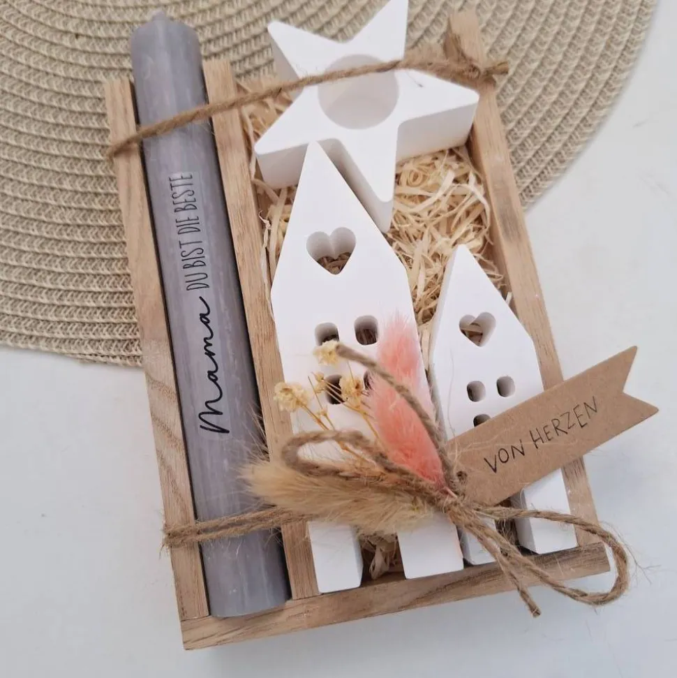 Muttertag Muttertagsgeschenk Häuser / Lichthäuser Kerzenhalter Stern Kerzenset für Mama Geschenkset Stabkerze Kerzenbox