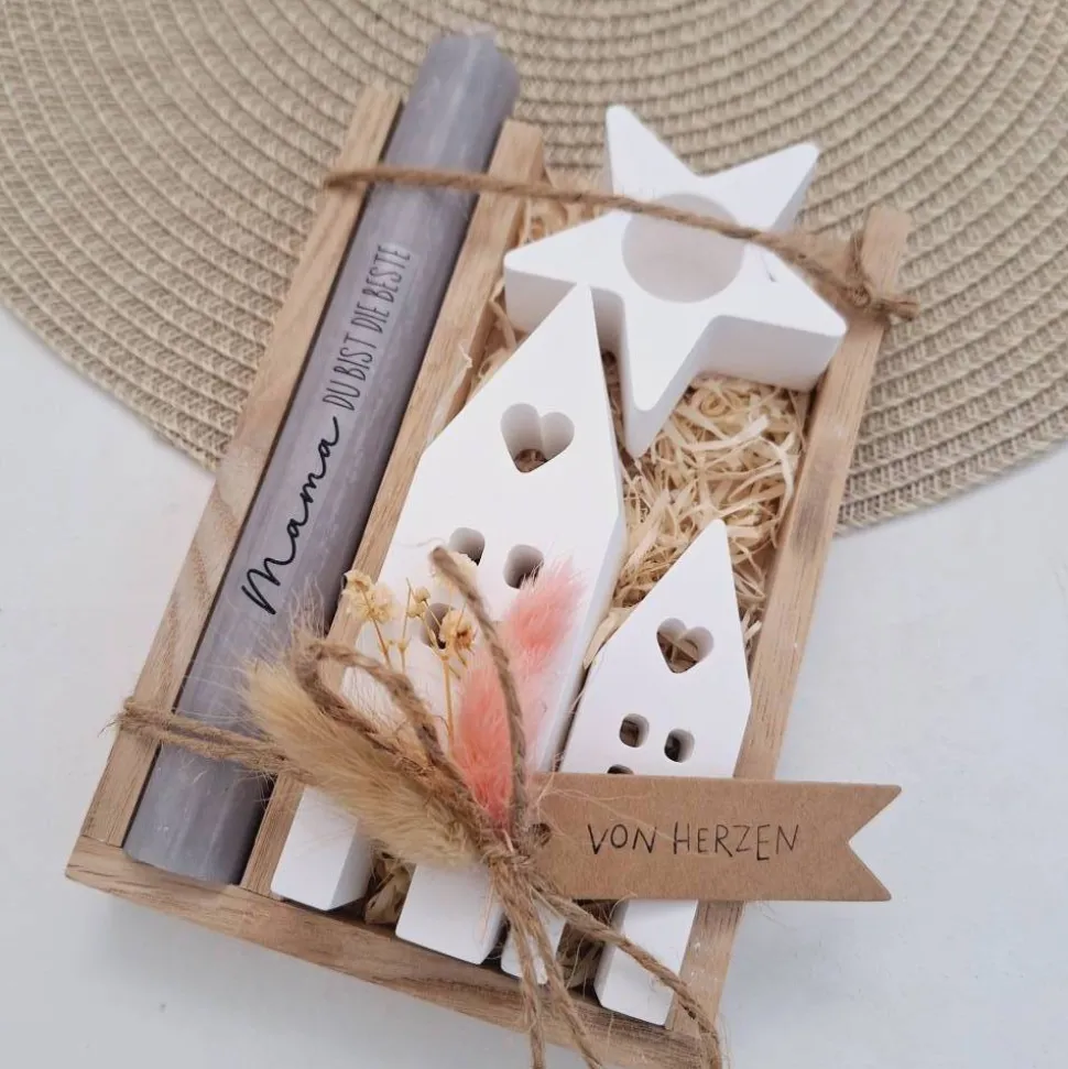 Muttertag Muttertagsgeschenk Häuser / Lichthäuser Kerzenhalter Stern Kerzenset für Mama Geschenkset Stabkerze Kerzenbox